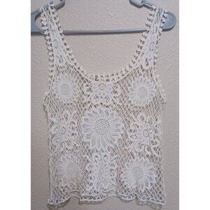 White Boho Multi Flower Pattern Crochet Lace Tank Top Sleeveless